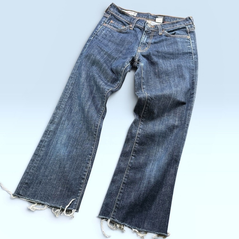 Vintage Red Engine Cropped Jeans Women 26 Blue Denim Raw Hem Stretch‎ Mid Rise
